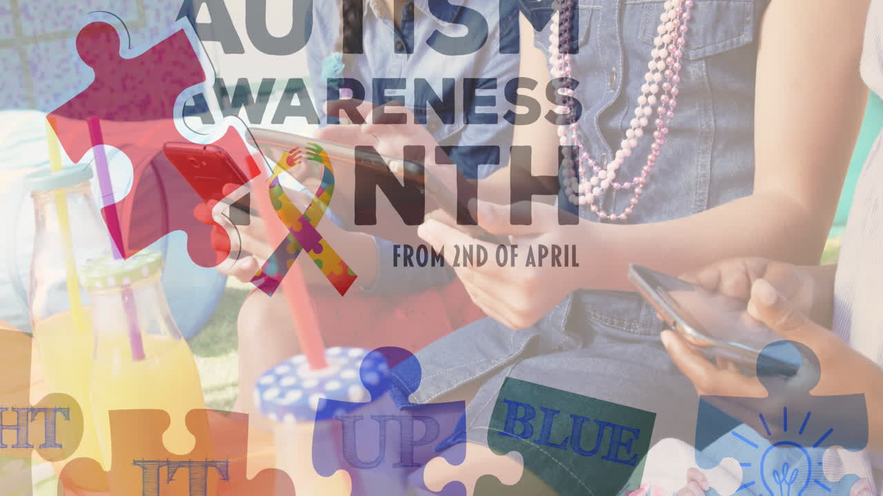 태블릿과 스마트폰을 사용하는 행복한 친구들을 통해 다채로운 퍼즐 조각과 자폐증 텍스트의 애니메이션