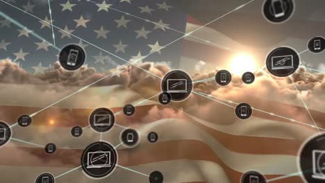 animation of network of connection and icons over usa flag and cloudy sky