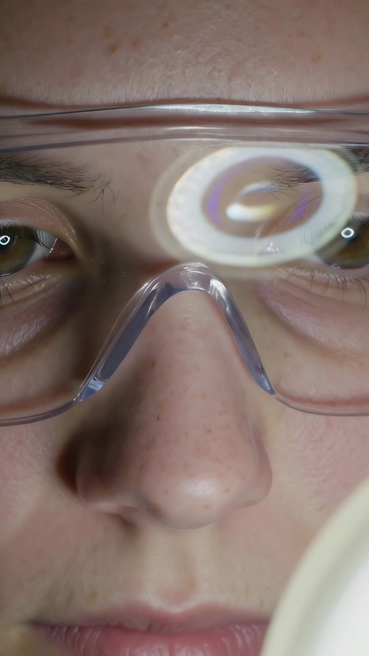 Vertical video: As ring light shifts, tech tracking part at bench to inspect with safety specs