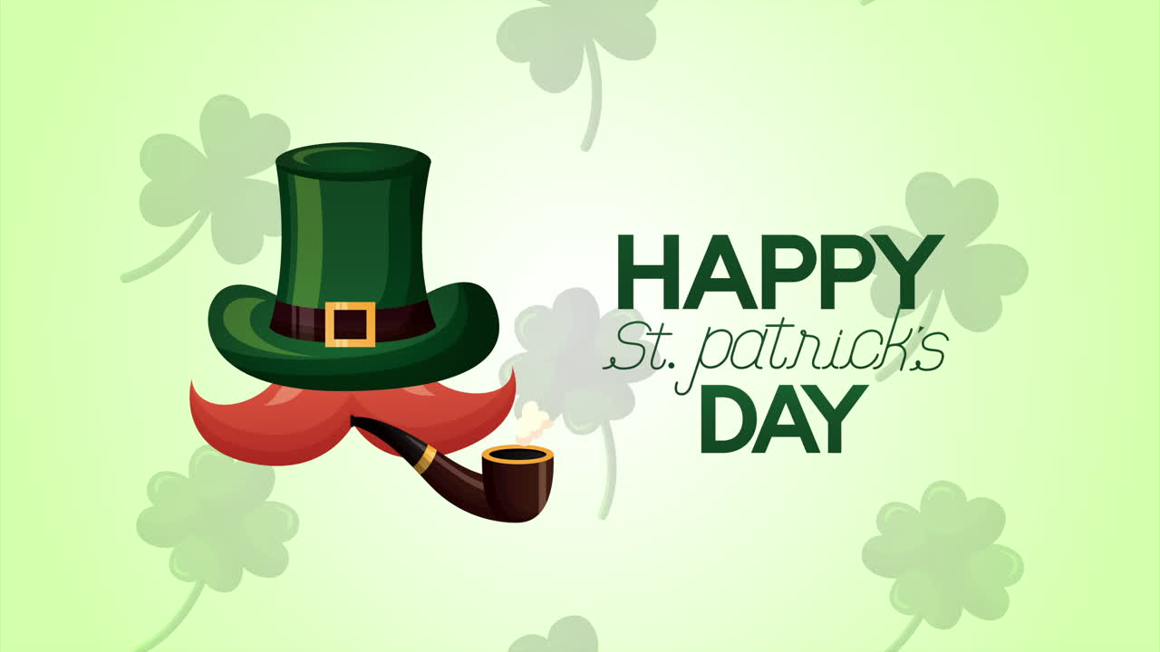 tarjeta animada del día de san patricio con hojas de trébol y sombrero de elfo