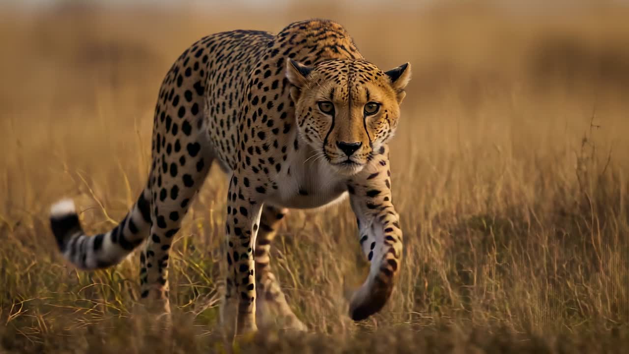 Stepping into frame adult cheetah scanning grassland for prey, trotting toward camera in sunlight