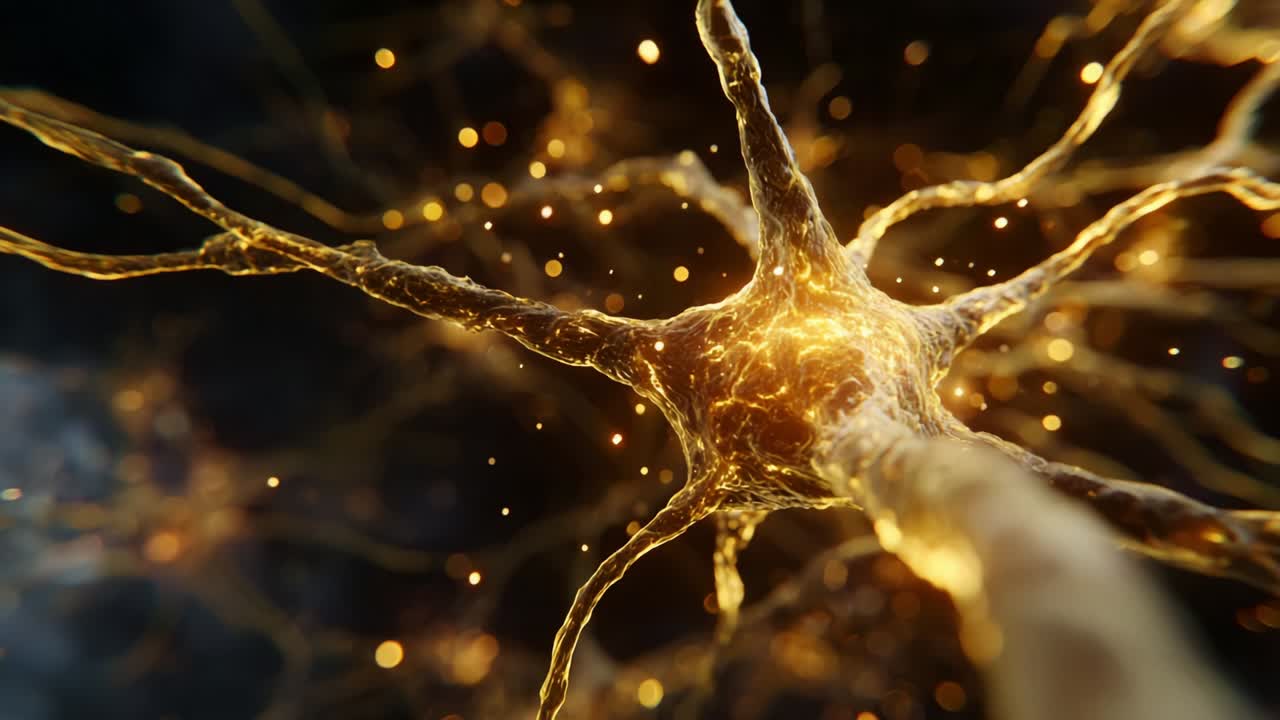 A close-up view of an intricately detailed neuron, showcasing its complex structure bathed in a golden hue, illustrating the dynamic connections and activities within the neural network at a microscopic level
