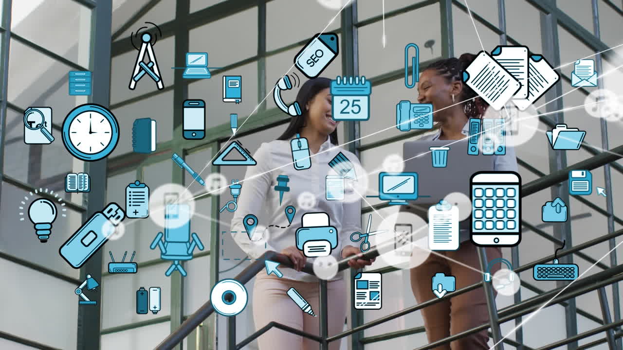 Animation of network of connections with icons over diverse businesswomen using laptop