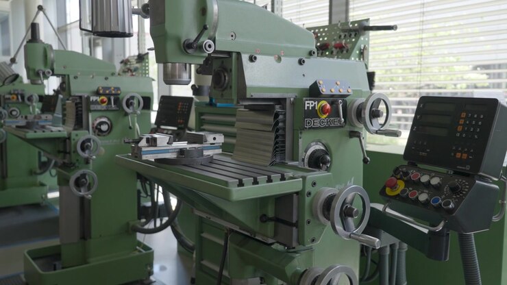Fresatrice industriale in un'officina tedesca, che mostra attrezzature di precisione per la lavorazione dei metalli, ingegneria meccanica e tecnologia di produzione moderna in un ambiente di produzione professionale, UHD.