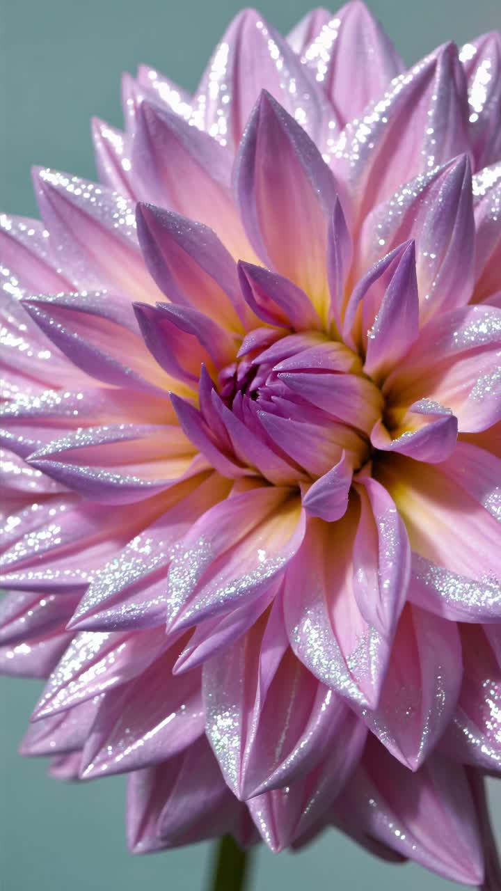 Close-up video angle of a pink flower with dew drops, highlighting its delicate petals and vibrant