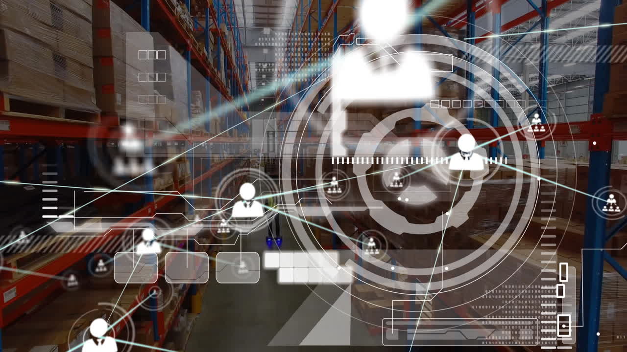 animación de círculos, base de datos, iconos conectados, vista aérea de un trabajador caucásico usando un hoverboard.