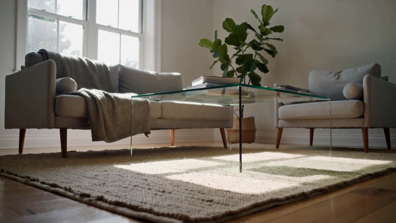 Dollying low-angle cam revealing clear glass table with books on woven rug at home, showing light