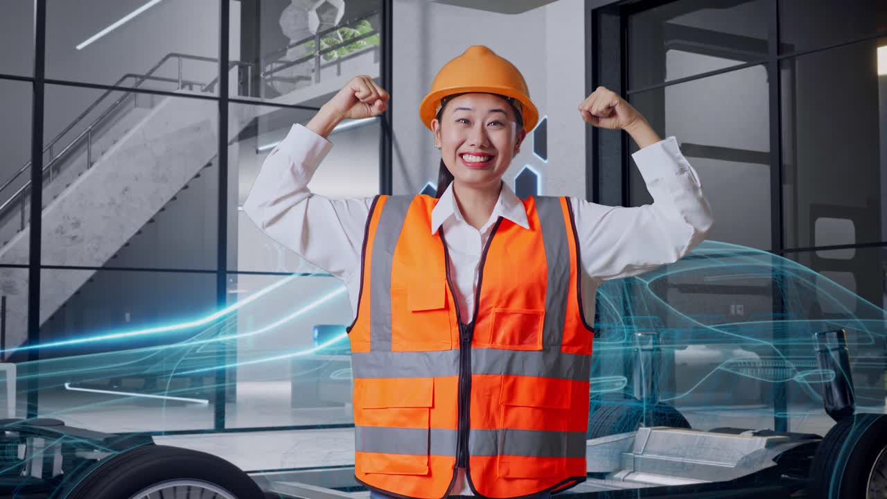 여성 엔지니어가 자동차 혁신을 축하하고 있습니다.