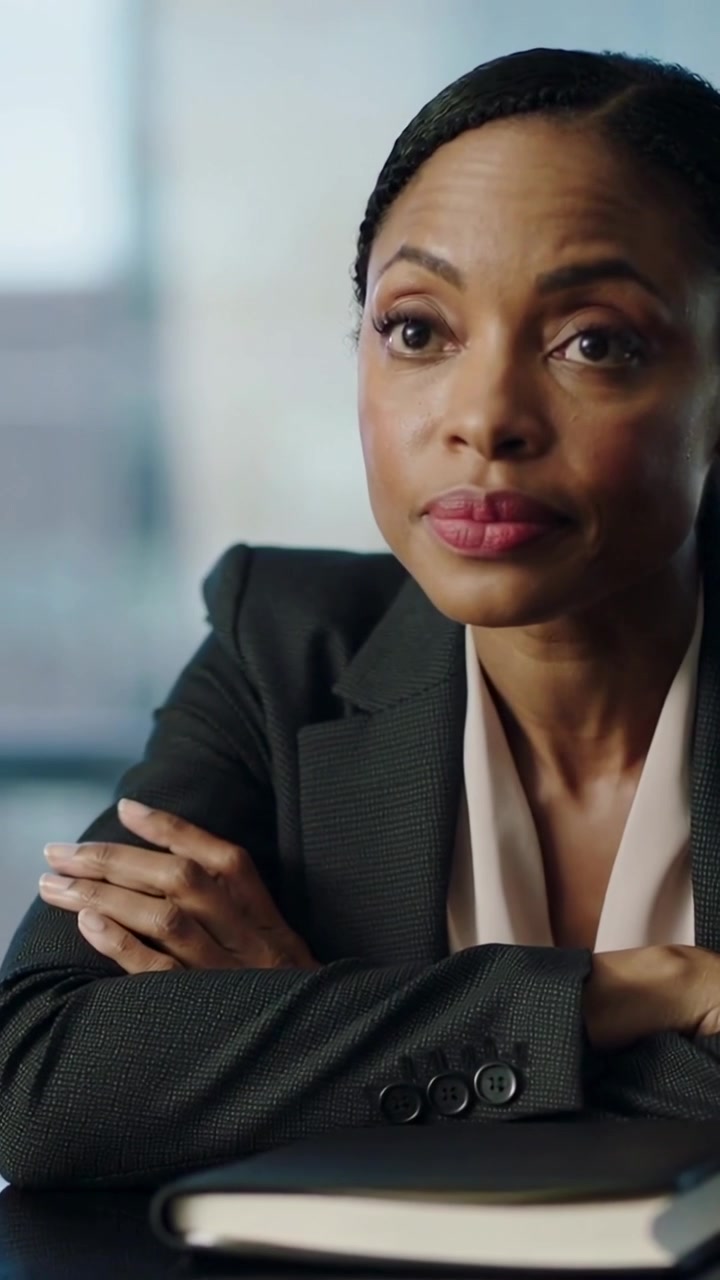 Vertical video: Answering question, woman in dark blazer explaining at office table with binders