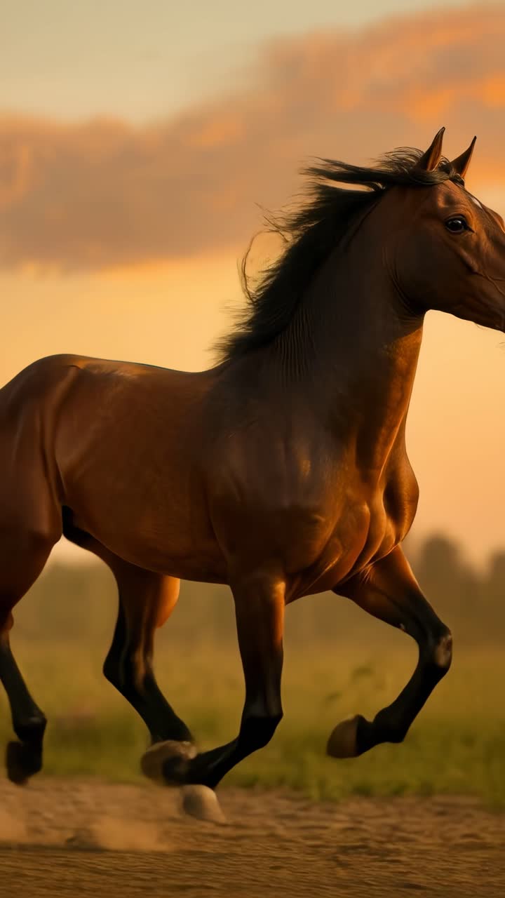 Cavallo maestoso che corre al tramonto, ripreso in un video dal basso per un effetto drammatico