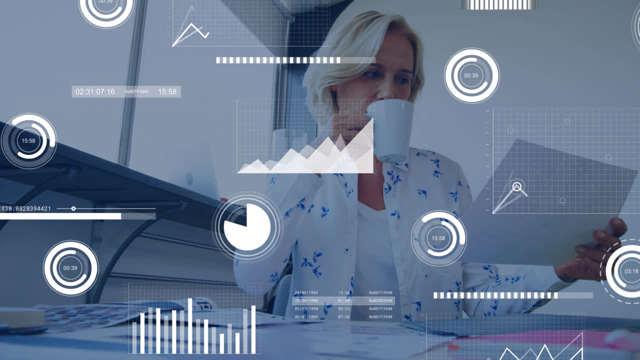 Office woman lifting mug while scanning reports generating analytics overlays for review