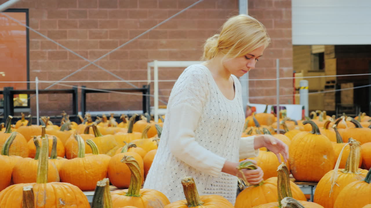 축제 쇼핑 - 젊은 여자가 할로윈 호박을 선택합니다 2