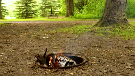 Man-walks-from-right-to-left-in-the-background-of-a-campsite-fire