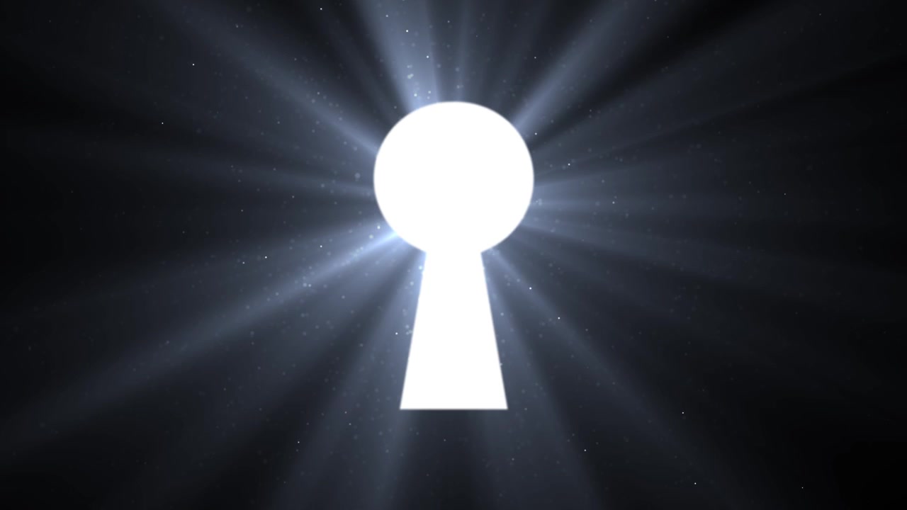 Accesso segreto radioso a forma di serratura bianca brillante, atmosfera stellata con raggi di luce luminosi che penetrano l'oscurità.