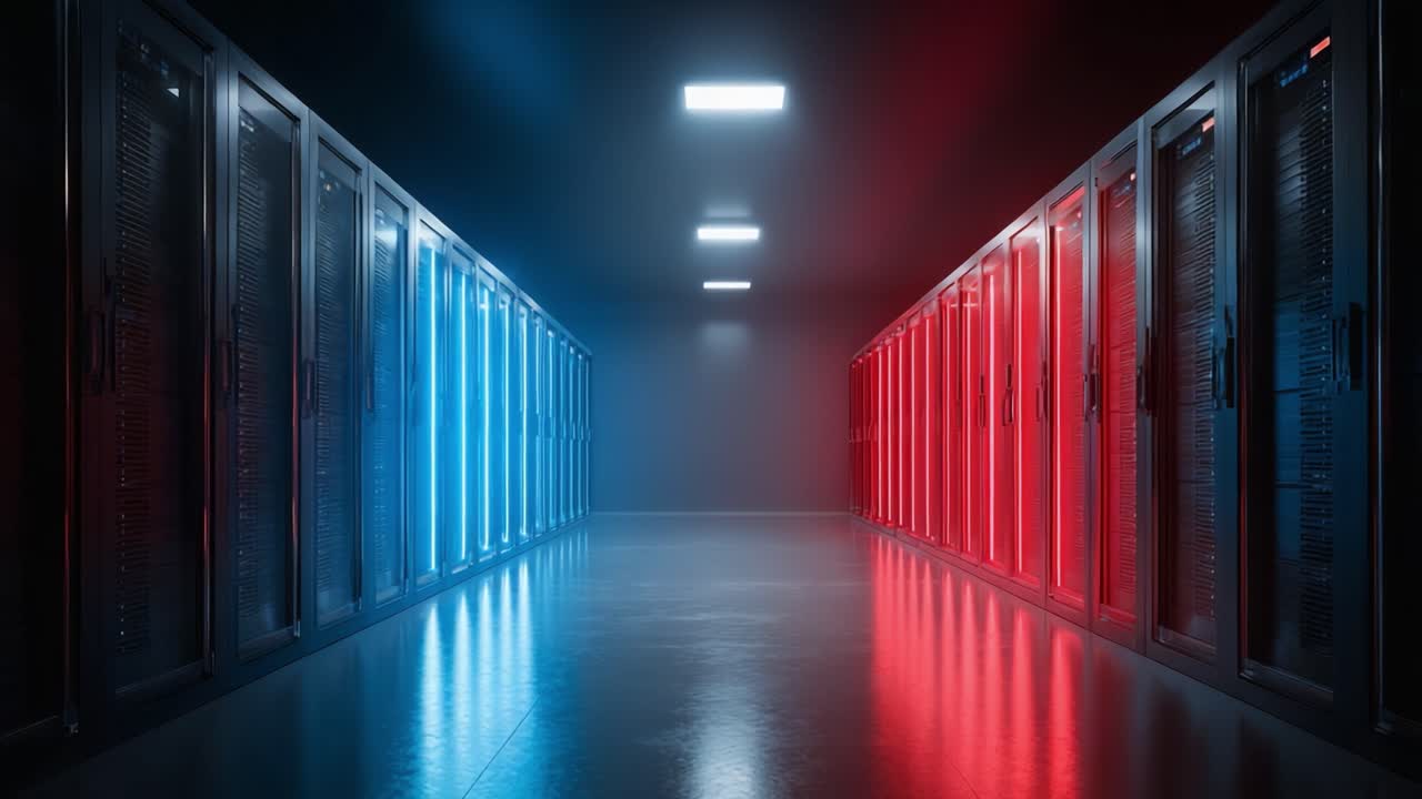 Una vista mozzafiato di un centro dati ad alta tecnologia con rack server bicolore illuminati in blu e rosso, che evidenzia l'avanzata infrastruttura tecnologica interna