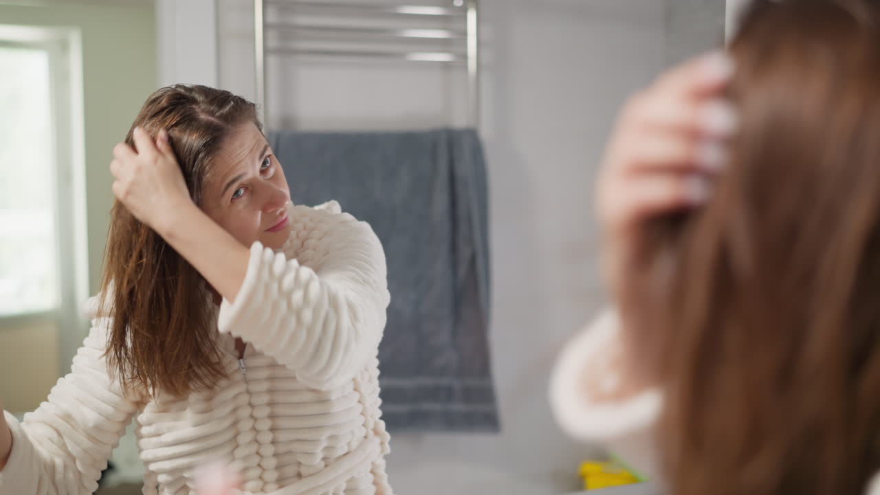 mujer visitante del salón de spa lanza el cabello en diferentes direcciones en cámara lenta. dama con cabello frágil sedoso satisface después del tratamiento con aceite nutritivo