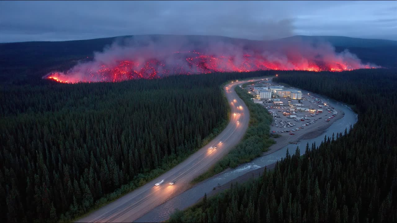 Aerial View of a Devastating Wildfire Spreading Across Forested Hills, Illuminating the Night Sky with Fiery Flames, Near a Quiet Town and a Winding Road