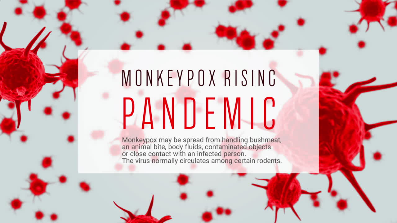 백색 바탕에 있는 원이 천연두 문자와 바이러스 세포의 애니메이션