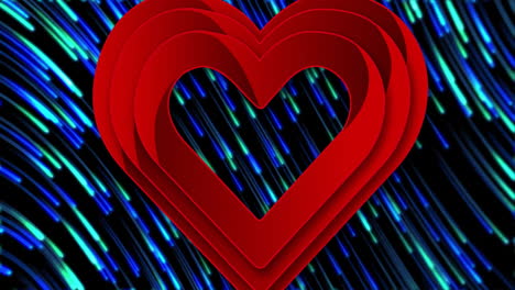 red layered heart animation over blue and green streaks background