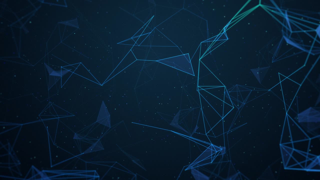 Abstract Digital Concept of Geometrical Figures: Polygon / Plexus Fractals Moving, Connecting Between Themselves and with Particles. Triangular Technological Concept. Blue Color.