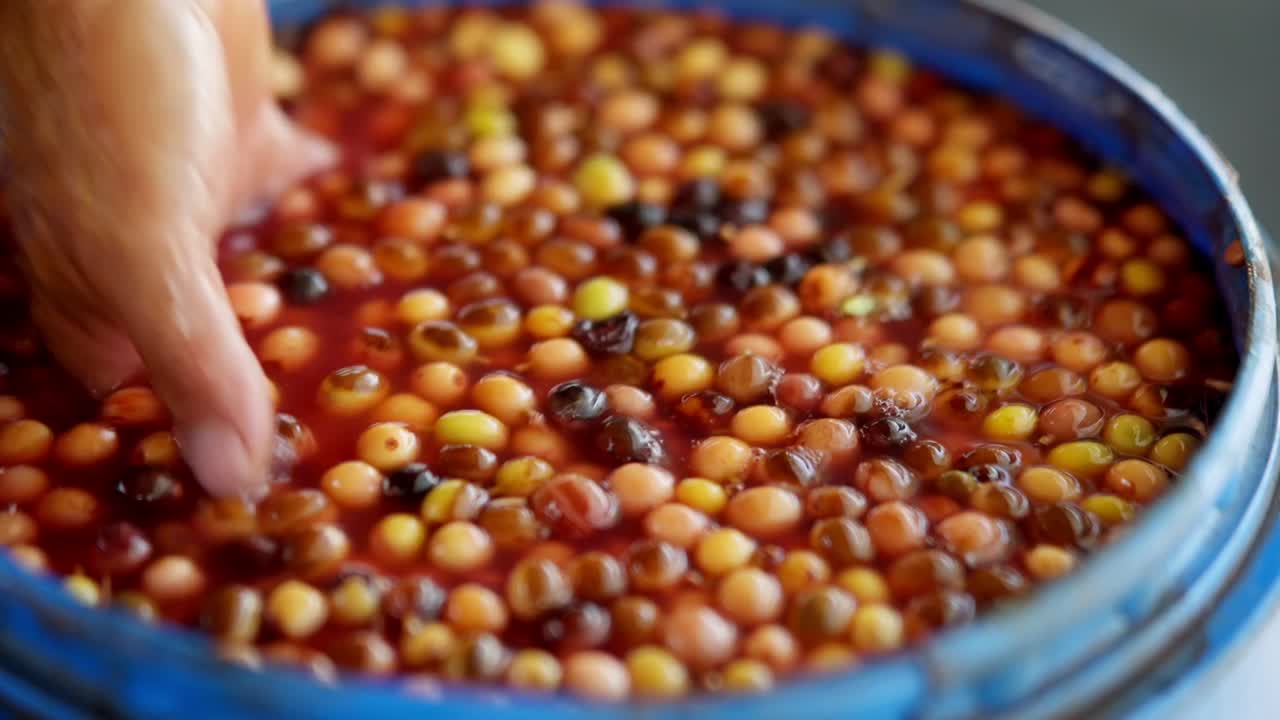 Close up view of exotic and fresh coffee fruit, beans or berries being soaked and cleaned in a artisanal farm in Central America