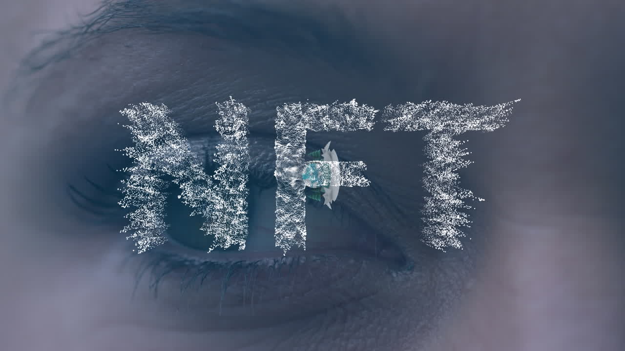 animación de nft sobre procesamiento de datos, globo y ojos de mujer caucásica