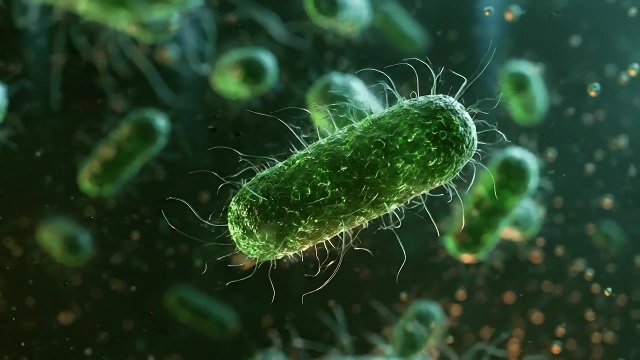 Vue microscopique de cellules bactériennes vertes flottant dans un fluide.