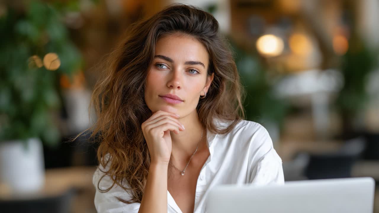 Contemplative Young Woman Deep in Thought, Engaging with Ideas in a Cozy Caf? Environment While Working on a Laptop, Surrounded by Lush Greenery