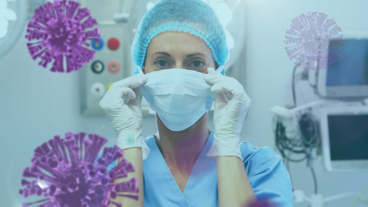 анимация макро-клеток covid-19, плавающих над женщиной-врачом, надевающей маску на лицо