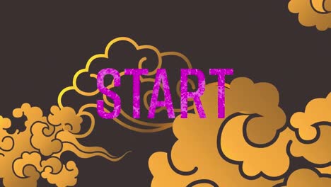 animation of start text over colorful graphics and clouds