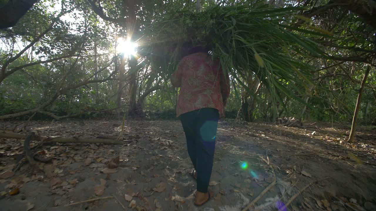 농작물 다발을 나르는 여자