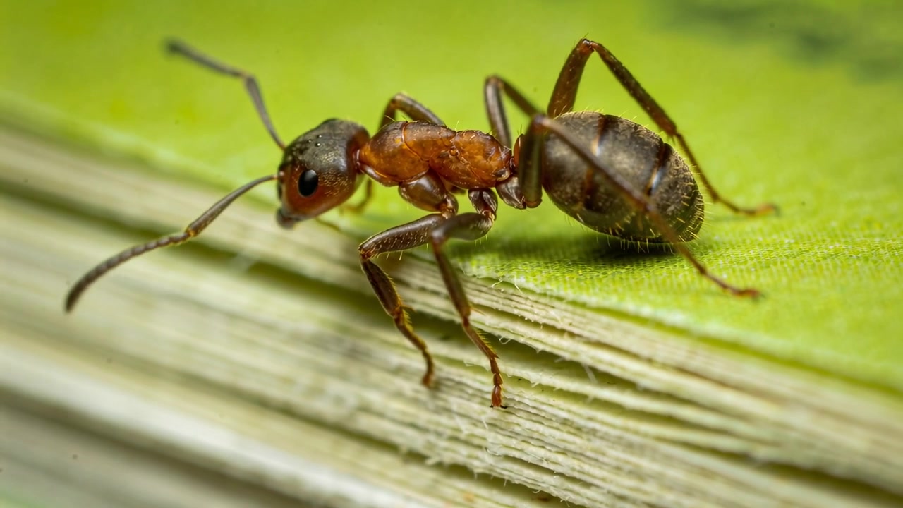 Formica rosso-marrone che si muove su una foglia verde, sondando con le antenne il bordo della foglia ed esplorando le striature.