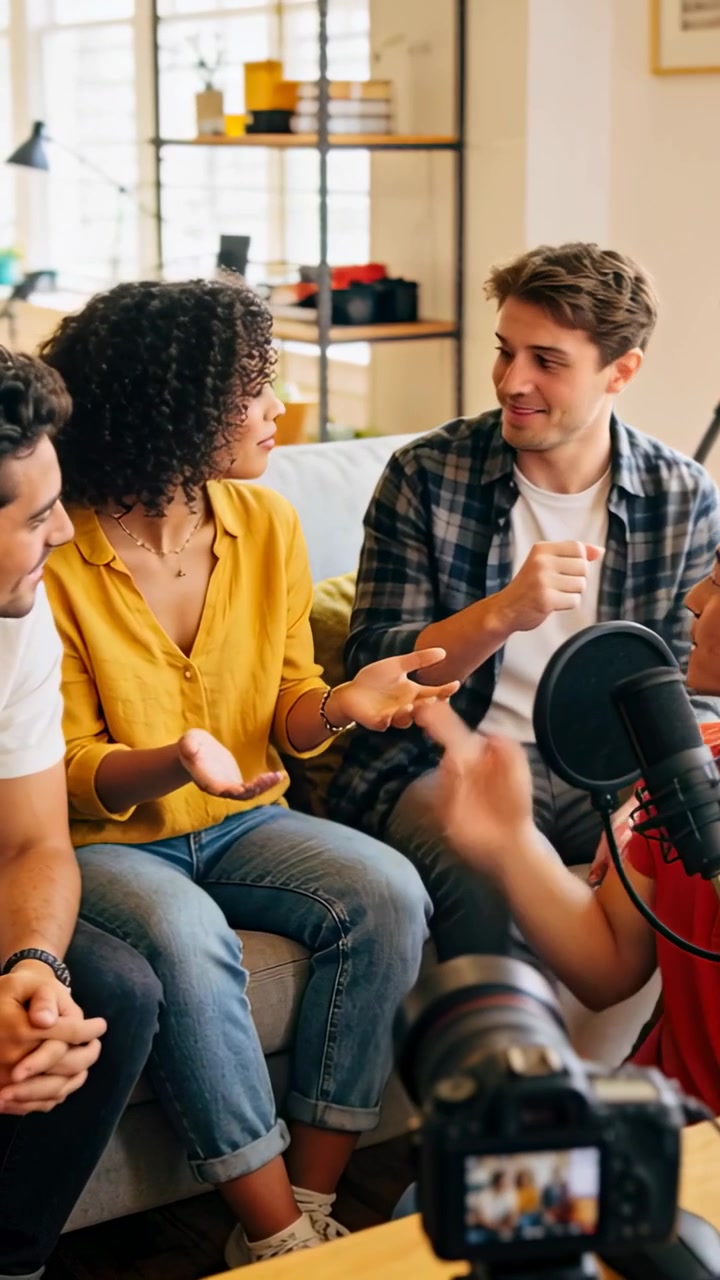 Video verticale: Uomo che inizia a parlare al microfono a casa, conduttori che ridono per un podcast ripreso con la telecamera.