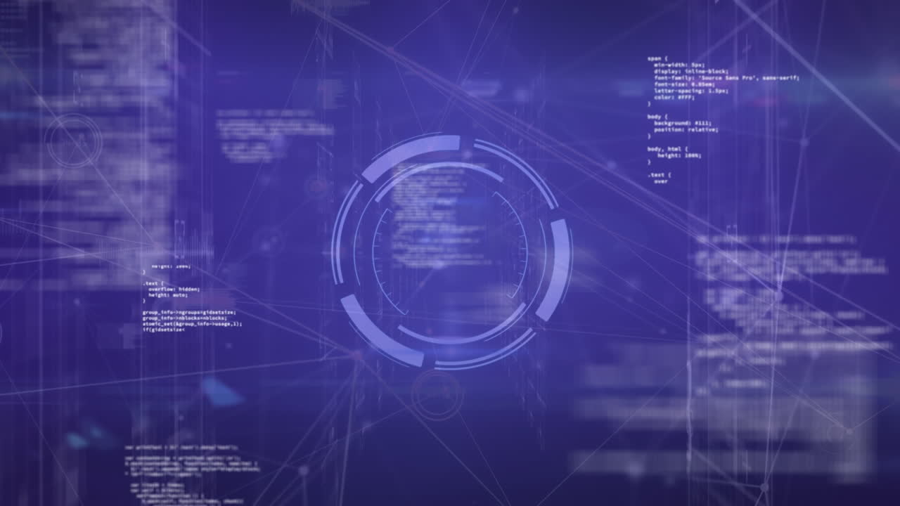 Animation of round scanner over network of connections and data processing against blue background