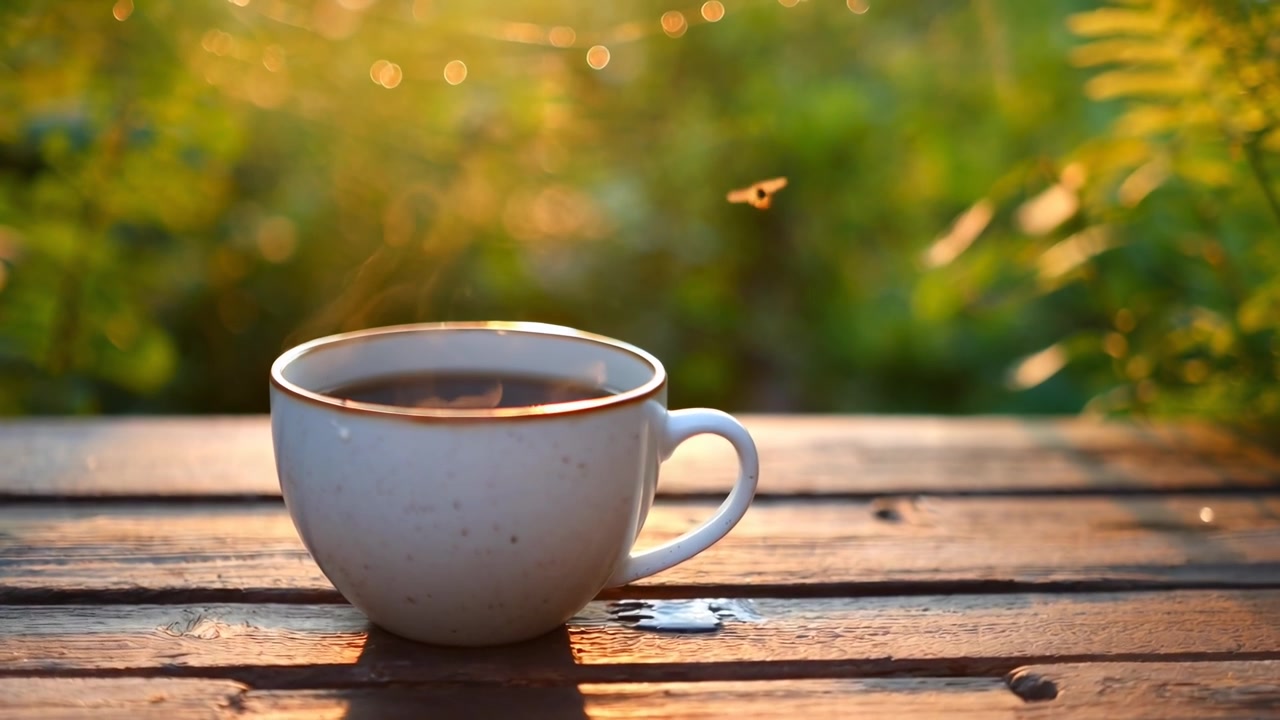 Una tazza di caffè al vapore su un tavolo di legno al tramonto