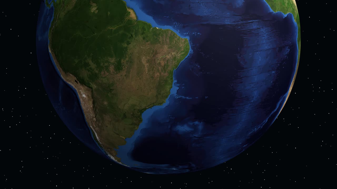 Digital globe rotates and zooms from space into South America with location data overlay