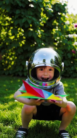 young boy in astronaut helmet playing with a colorful paper toy in the garden