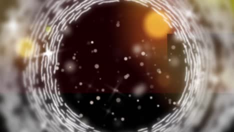 animación de formas geométricas blancas giratorias sobre luces y fondo geométrico