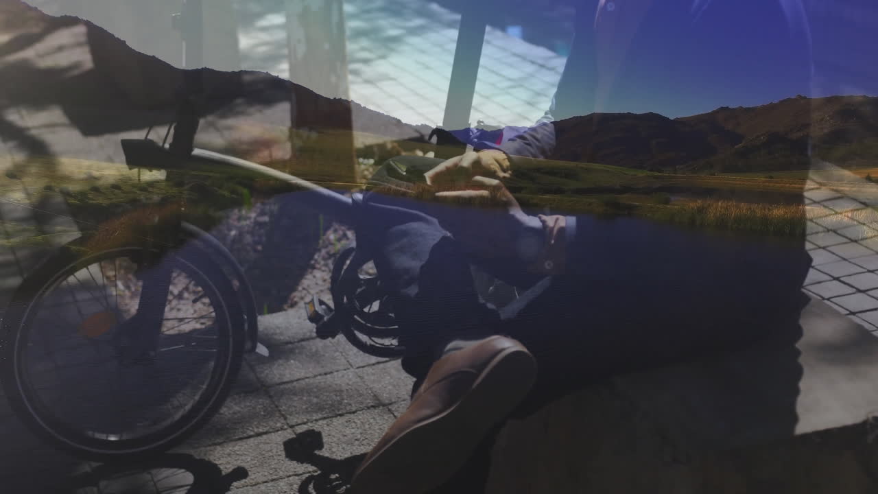 Sitting on bicycle, person with scenic mountain overlay in animation style