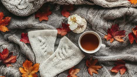 una acogedora escena de otoño con calcetines cálidos y una manta de hojas