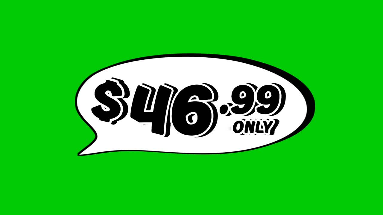 Animation $46.99 price tag in speech bubble motion graphics on green screen background. Perfect for ads, e-commerce, discounts, and promotion business concept video element