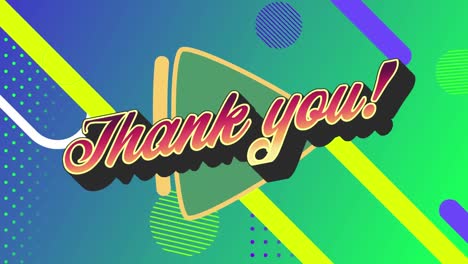 Animation-of-thank-you-text-over-green-play-button-with-geometric-shapes-on-green-to-blue-background