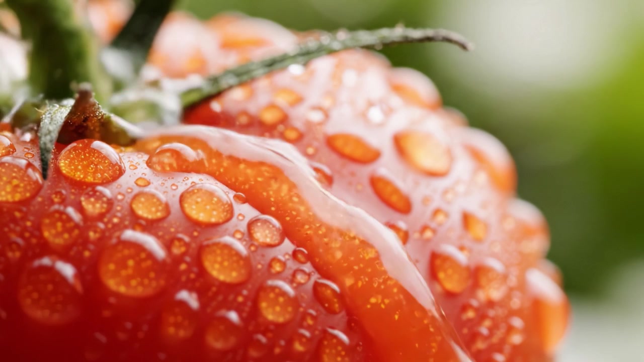 Una vista ravvicinata di un pomodoro fresco con gocce di pioggia, che ne evidenzia il colore vibrante e la superficie testurizzata, perfetto per gli appassionati di giardinaggio e l'ispirazione culinaria.