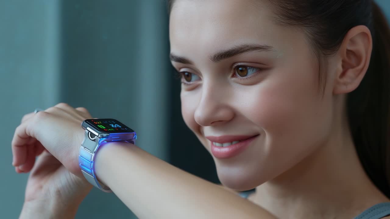 Lifting left wrist tankclad woman checking watch for message and smiling by window metal band