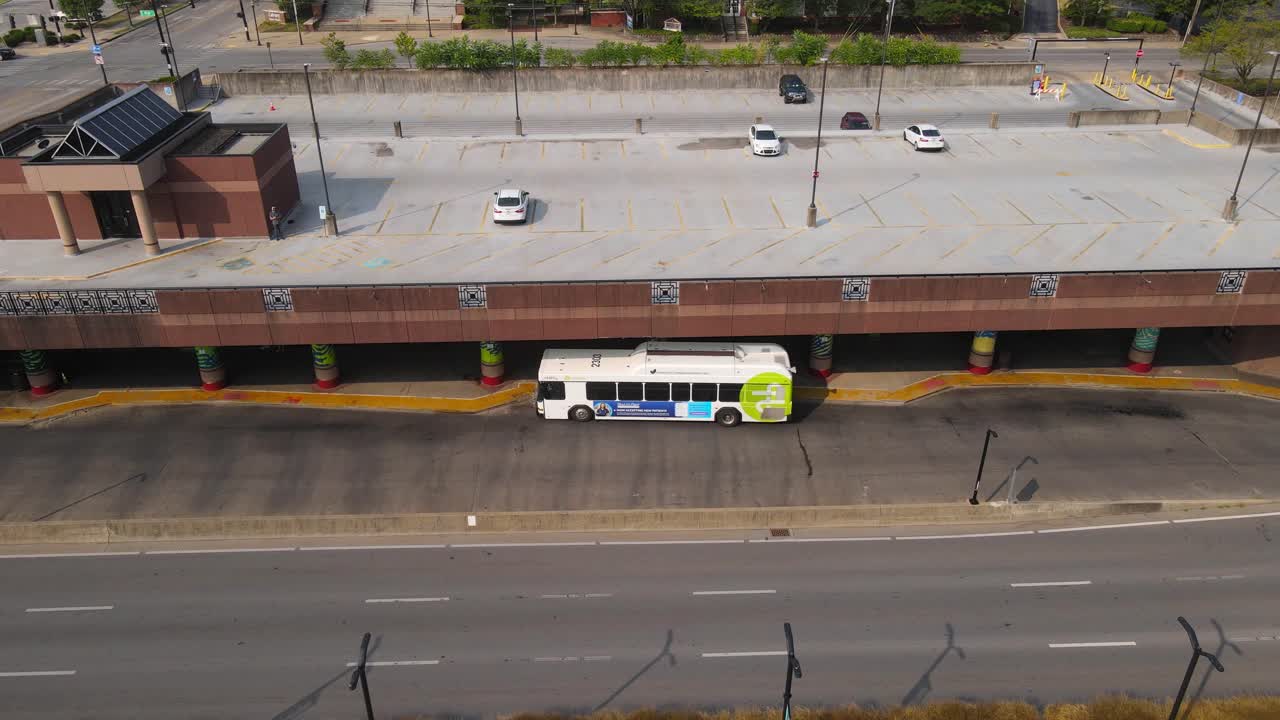 Lexington Transit Center with parked bus, aerial drone view