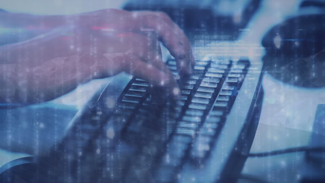 컴퓨터 키보드에 타이핑하는 사람 위에 반 ⁇ 이는 반점이 있는 연결 네트워크의 애니메이션