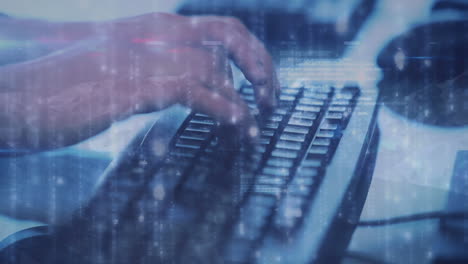 Animation of networks of connections with glowing spots over person typing on computer keyboard