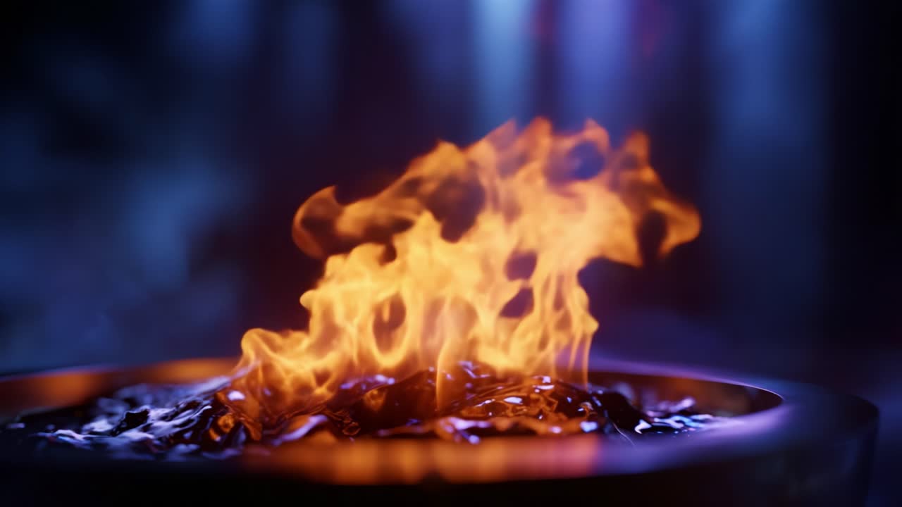 Förtrollende flammer danser over en glitrende overflate i et mörkt miljø, og fanger mystikken og kraften i ild og dens spennende bevegelser