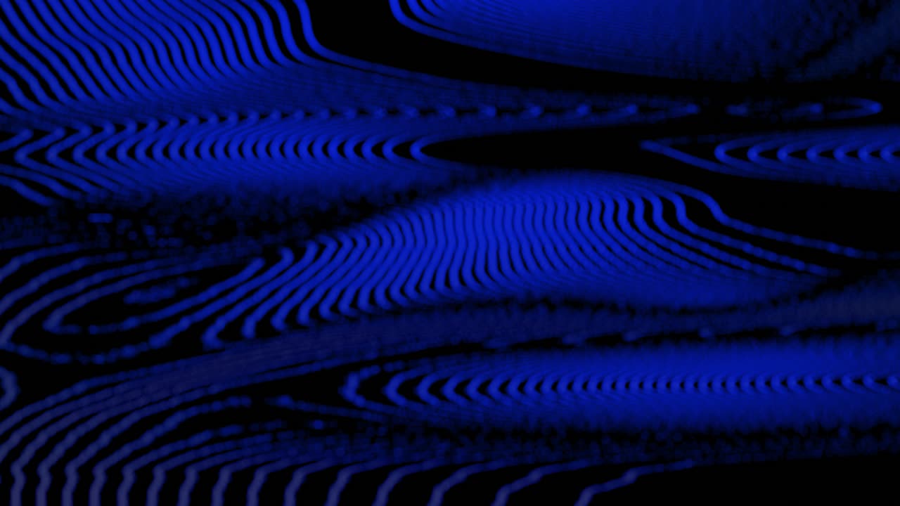 Abstract dynamic animation of Chaos in Motion: vertical blue bars on a black screen, pulsating, dancing, twisted by invisible energy fields