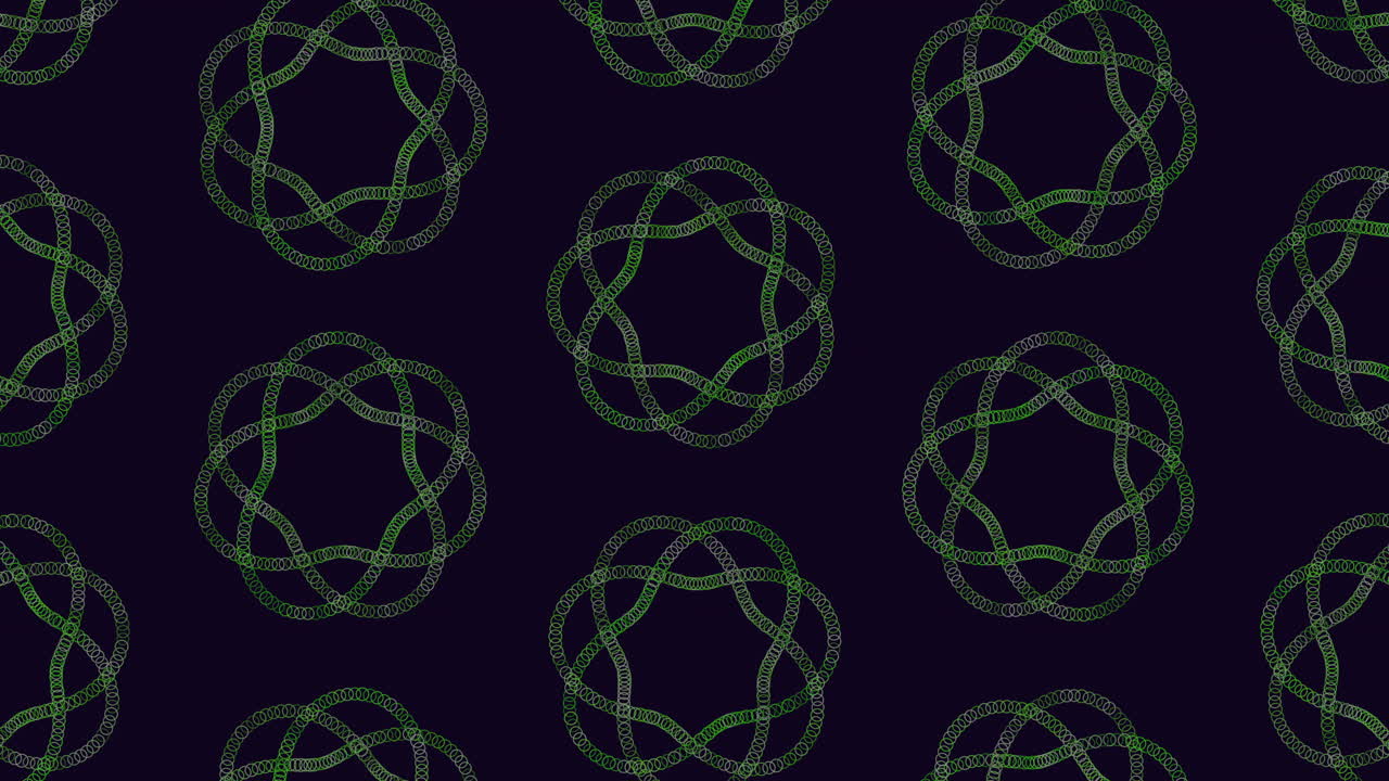 Repetitive green line circles interlock seamlessly in a looped pattern against a black background, creating a captivating and harmonious design